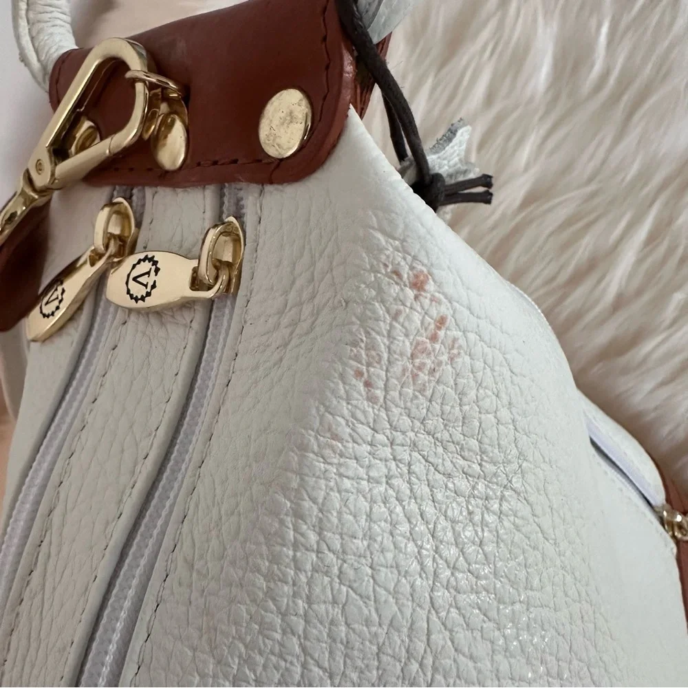 NWOT Italian White Brown Embosed Leather Convertible Backpack / Handbag w/Zipper